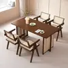 Conjunto de Mesa de Jantar e Cadeiras em Madeira Maciça e Rattan Tecido Mesa de Jantar Simples para Casa Restaurante Mesa de Centro Retangular e Cadeiras Estilo Wabi-Sabi Pousada