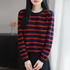 Suéter de punto de algodón puro a rayas retro transfronterizo con cuello redondo para mujer, de manga larga, corte holgado, adelgazante, versátil, estilo casual y relajado