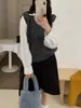 Camisa retro de lentejuelas con top de suéter tejido, nueva colección otoño/invierno 2026, bloques de color, suéter tipo jersey de dos piezas simulado para mujer