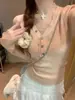 Top Base de Tricô com Decote V de Renda para Mulheres Primavera e Outono Novo Design Suéter Camada Interna Top Slim Fit Roupa Externa