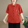 Foto Real de Conjunto de Dos Piezas para Mujer: Top Holgado de Algodón y Lino Estilo Mamá de Manga Media + Pantalones de Pierna Ancha