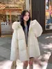 Casaco feminino de algodão com enchimento estilo coreano, comprimento médio, com gola grande de pele, estilo universitária, jaqueta nova de inverno espessa e folgada, casaco de algodão de inverno