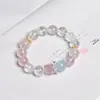 Pulsera de Abalorios Redondos de Cristal Rosa Natural de 12 mm con Pulsera de Abalorios Redondos de Cristal Blanco y Aguamarina Joyería como Regalo de Cumpleaños para Tu Novia