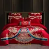 Juego de cuatro piezas para boda, todo algodón, festivo, diseño de dragón y fénix, ropa de cama de algodón puro para bodas, recién casados y parejas recién casadas, con una funda de edredón rojo brillante
