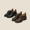 Versión de Piel de Oveja~Mocasines Retro de Tacón Alto para Mujer, Zapatos de Cordones de Cuero Genuino Color Negro, Zapatos con Tacón Grueso que Aumentan la Altura para Mujeres Bajitas