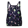 Mochila de cordão floral ultraleve para mulheres, mochila casual de tecido de grande capacidade, bolsa dobrável para compras e supermercado
