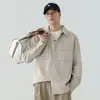 Camisa americana de alta gama estilo ropa de trabajo, crujiente, peso pesado, manga larga, holgada, hombros caídos, bolsillo de parche de ropa de trabajo, color liso, camisa para hombre