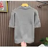 Camisa Polo de Punto para Hombre de Manga Corta Holgada Estilo Veraniego Ligero Maduro Patrón de Cáñamo Solapa Tendencia Coreana Manga Tres Cuartos Camiseta Corta