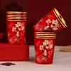 Vasos de Papel Grueso Desechables Dorados para Bodas, Compromisos, Banquetes de Boda, Festivales y Uso en Casa, Vasos Rojos para Té