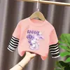Camiseta de Manga Larga con Estampado de Dibujos Animados, Patchwork a Rayas Dulce de Algodón Puro, Moda Delgada para Niñas, Top de Moda para Niñas