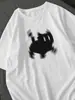 Camiseta Estampada de Gato Fuzzy de Nicho para Mulheres, Corte Solto, Ombro Caído, Blusa Casual Respirável de Manga Curta para o Verão