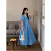 Vestido Azul Estilo Francés Verano Nuevo Delgado Largo Cuello en V Mangas Abullonadas Verano Nuevo Estilo 88042