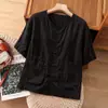 Camisa Lisa de Manga Curta Feminina 2026 Nova Verão Estilosa Gola Redonda Camisa de Algodão e Linho Feminina Solta Emagrecedora Top