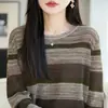 Tejido de punto a rayas retro de manga larga para mujer 2026 Otoño Invierno Nuevo Estilo perezoso suelto Suéter suave y esponjoso Top de capa base
