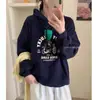 Moletom com capuz azul marinho para mulheres, novo estilo popular 2026, forrado com fleece, grosso, top estilo coreano, casaco fino de outono/inverno para o início do outono