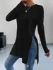 Camiseta Larga de Color Puro con Abertura en el Dobladillo, Popular en Amazon Europeo y Americano, Aliexpress, Temu. Camiseta Casual de Moda para Mujer