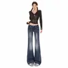 Jeans escuro estilo Yimengling, estilo americano, para mulheres, emagrecedor, sexy, elástico, cintura baixa, levemente flare
