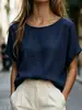 Camisa casual de manga corta con cuello redondo y manga enrollada para mujer, de ajuste holgado, color liso, simple, tipo suéter, transfronteriza europea y americana de Amazon
