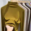 Camiseta Derong Fashionable Cor Lisa Gola Alta Meia Manga Manga Longa Outono Inverno Estilo Coreano Quente Slim Veludo Dupla Face Camiseta Básica
