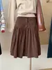 Saia Midi de Veludo Cotelê Cor Café com Bolinhas Estilo Retrô para Meninas Plus Size Outono Inverno Ligeiramente Cheinhas Afinando Linha A Cinco Pontos