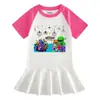 2023 Verão novo estilo coreano roupas infantis desenho animado meia manga vestido de menina cor contrastante bebê menina estilo ocidental saia plissada