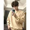 Moletom Cleanfit masculino cinza mescla com forro de fleece, camiseta de manga longa estilo americano pesada para outono e inverno, ombro com caimento regular, ideal como camada interna