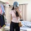Playera de Manga Corta Americana Sexy Hombro Derecho Cuello Redondo Verano para Mujer Nueva Versátil Look Adelgazante Básico Top Trendy