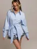 2026 Verano Nueva Camisa de Color Sólido Moda Femenina Transfronteriza Ropa Exterior con Cinturón Versátil Europeo y Americano Amazon