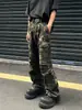 Jeans retro americanos semielásticos, pantalones de trabajo de camuflaje de alta costura, pantalones casuales unisex de pierna recta holgada ligeramente acampanados