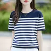 Camiseta Listrada Verão Nova Feminina Gola Redonda Manga Curta Estilo Doce Camisa Curta Básica 100% Algodão Tricô Tamanho Grande Dropshipping