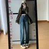 Jeans Feminino Preto de Cintura Alta Wide Leg 2024 Novo Primavera e Outono Reto Solto Pequeno Estreito Calças Mop