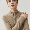 Cardigã de tricô de cashmere com gola alta Bai Cai Rong 2026, novo estilo outono/inverno, moletom com zíper duplo, com costura interlock, peça de outer wear