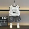 Conjunto de Verano para Niños sin Mangas a Rayas con Cachorro Estilo Coreano Infantil Delgado Casual Elegante Dos Piezas Ropa para Bebés