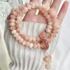 Pulsera de Raíz de Bodhi Desgastada con Gradiente Rosa de Doble Círculo para Mujer, Accesorio de Hilo Manual Artístico para Transmisión en Vivo de Tiktok