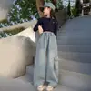 Calça Jeans Cargo Infantil Feminina Primavera e Outono 2026 Novo Estilo Coreano Tendência Infantil Solta Fashion Versátil Calça Wide Leg