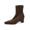 Botas de gamuza ajustadas para mujer, botas elásticas, nuevo estilo de otoño, botas de punta cuadrada estilo coreano con cremallera trasera, botas de tacón alto con forma única, botines elásticos para mujer, talla 42
