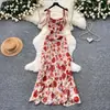 Vestido camisola floral estilo francês para férias femininas, para usar no verão, puro e sedutor, cintura alta, saia em A com babados, longo, emagrecedor e elegante