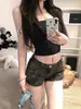Shorts Jeans Camuflado Hot Pants Retro Americano de Cintura Baixa para Mulheres no Outono Elástico Slimming Look Cobre o Quadril Linha A Super Curtos