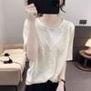 Playera de Punto de Manga Corta de Dos Piezas Falsas para Mujer Verano Delgada Talla Grande Diseño Nicho Holgada Cuello en V Seda de Hielo Manga Media