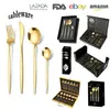 Juego de cubiertos de acero inoxidable(Incluye cuchillo de mesa, tenedor de mesa, cuchara de mesa y cuchara de postre.) En una elegante caja de regalo, ideal para cocinas domésticas, restaurantes, cenas y reuniones, así como para regalos de inauguración de casa o de boda.