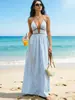 Vestido Longo de Verão 2026 Novo com Decote V Profundo Listrado para Férias, Mais Vendido no TikTok, Sem Costas, Sem Mangas, Gola Halter