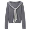 Suéter de Punto de Manga Larga Andy Velvet Lavado Azul Marino con Cuello de Color Contrastante para Mujer, Versátil de Otoño, Ajuste Delgado, Top Falso de Dos Piezas