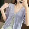 Nuevo estilo de verano cárdigan de punto de algodón puro con rayas verticales, mangas tres cuartos, chaqueta de color liso con cuello en V estilo coreano, top hueco de color liso para mujer