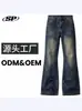 Calça Jeans Flare Customizada Costurada para Homens, Patchwork Vintage com Costuras, Estilo Casual High Street