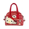 Bolso de hombro lindo de gato estilo japonés, bolso cruzado para mujer, bolso tote casual de cuadros rojos bordado de dibujos animados para niñas