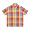 Camisa de Manga Corta Cuadros Mosaico para Hombre Marca Trendy de Calle Vibe Manga de Cinco Puntos Cuello Solapa Holgada Casual Versátil