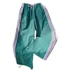 Calça Esportiva Larga de Listras Quatro Lados Retro Americana Nova Verão 2025 Cintura Alta Cordão Solta Emagrecedora Casual Longa
