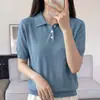 Nova camisa de verão 100% algodão, cor sólida, gola polo, manga curta, três botões, para o trabalho, versátil, estilosa, gola de lapela, camiseta top para mulheres