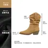 Versão em couro bovino com elevação interna, botas empilhadas enrugadas, botas western femininas, bico fino, salto alto, botas curtas, retrô, botas Maillard Martin