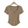 Estilo Europeu e Americano Gola U Primavera e Verão Menina Quente Europeia e Americana Zíper Meio Curvo Slim Modelador Manga Curta Feminino Curto Cintura Alta Camiseta Top